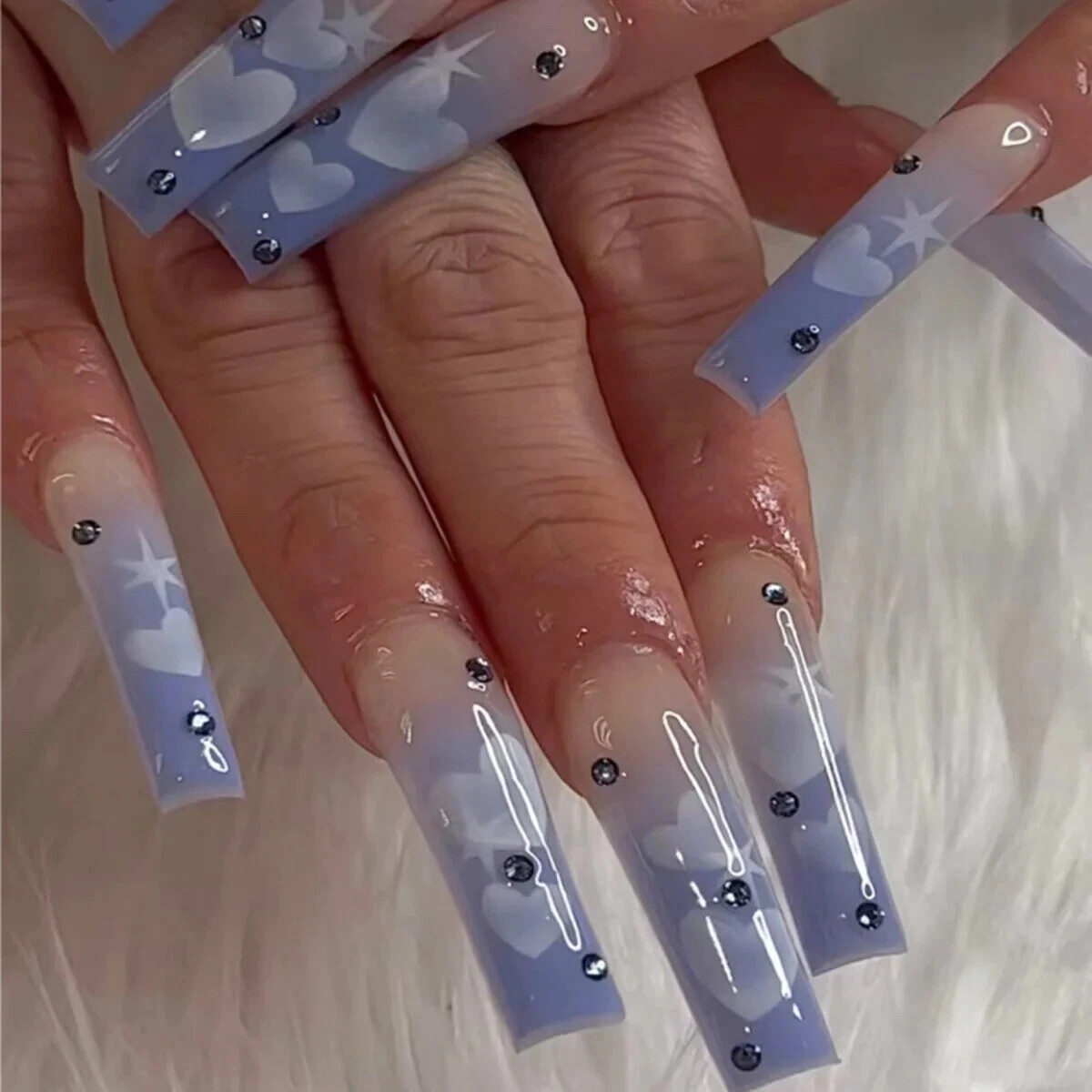 24Pcs Extra Long Square Fake Nail with Glue 3D Little Bear Bow Design False Nail