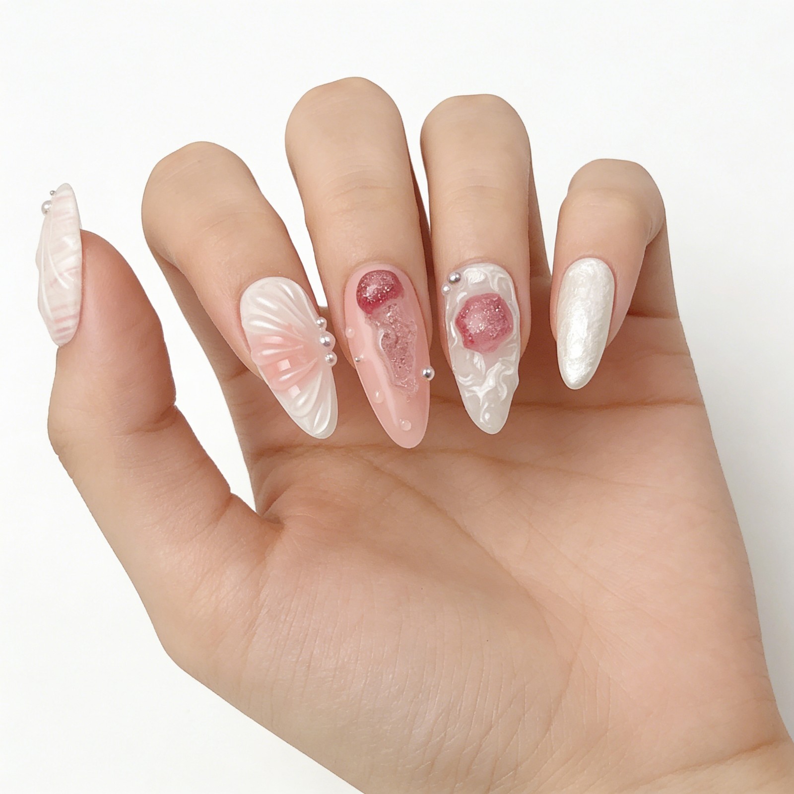 Seashell Jellyfish Mermaid Press On Nails Pink 3D Pearl Handmade Textured Nails