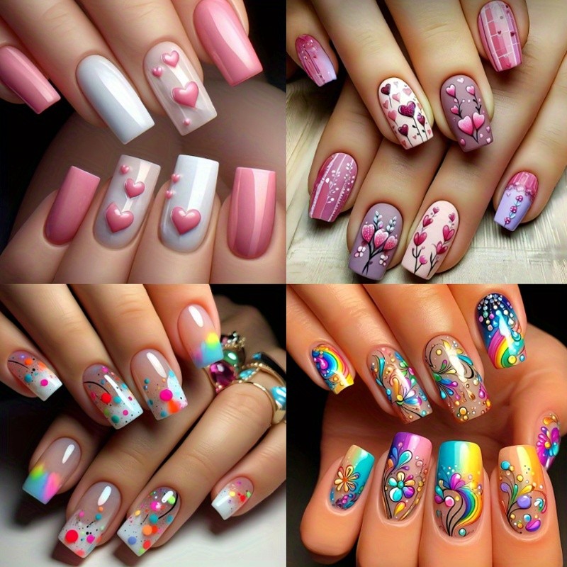 96pcs Cute Sweet Press-on Nails Rainbow Heart Floral Colorful Party Nails Art