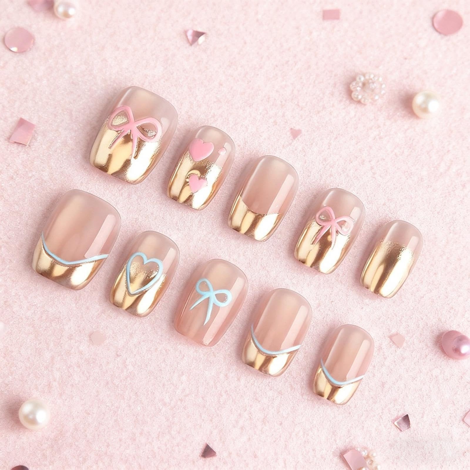 Short Press on Nails Square Glue on Nail – Pink Blue Bow Hearts Design Glossy…