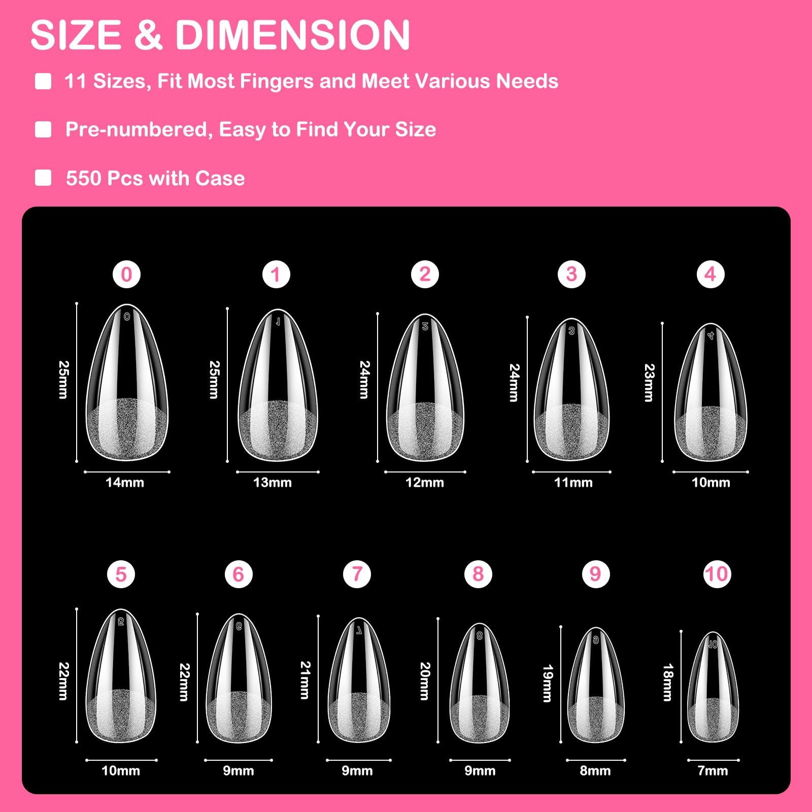 Medium Almond Nail Tips, 550Pcs Soft Gel, 11 Sizes Full Cover Clear for