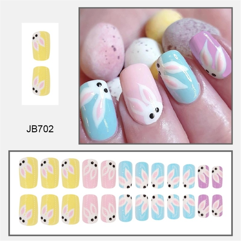 24 Pieces Press on Nail Short False Nail with Rabbit Pattern Party Nail Decors
