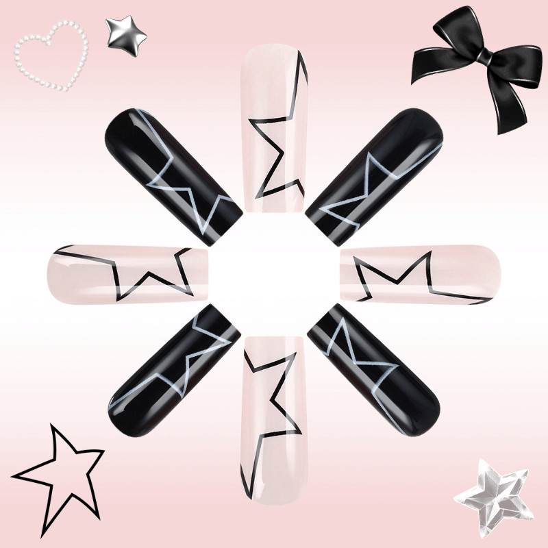 48Pcs Long Black Pink Leopard Star Press on Nails Casual Daily Trendy Nails