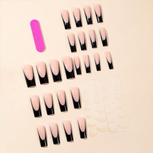 Press on Nails Extra Long Square Fake Nails Glossy Full Cover Black French Tip