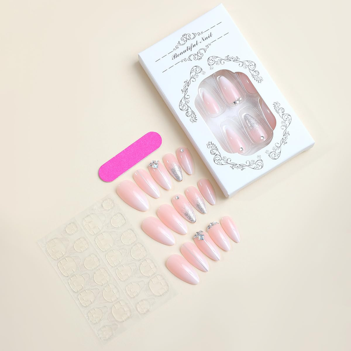 Pink White Ombre Press On Nails Medium Almond Rhinestone Fake Nail Bling Glue On
