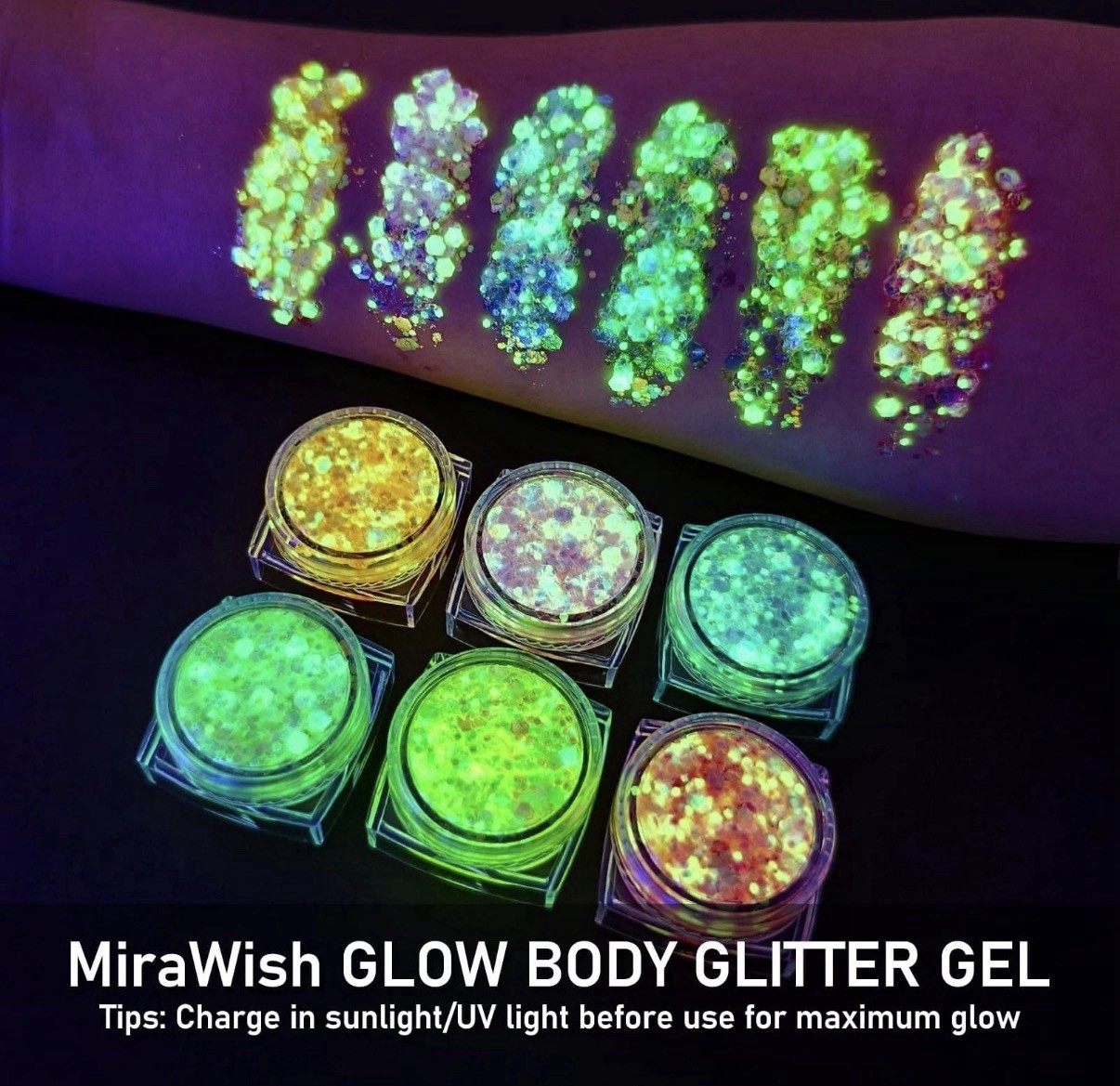 Glow in the Dark Body Glitter Gel – 6 Color Rave Accessories for Festivals