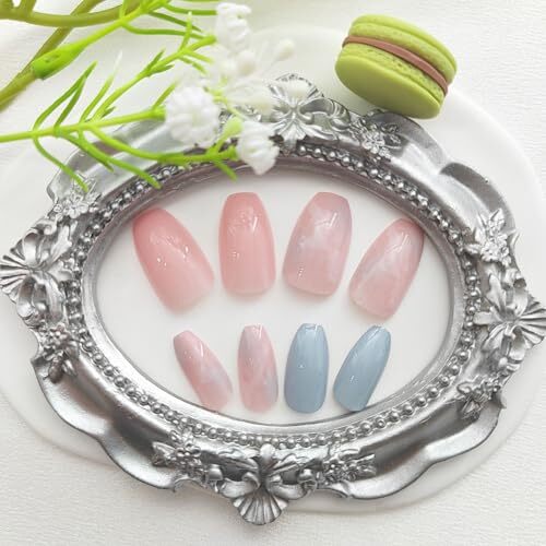 Coffin Press on Nails Short Fake Nails with Marble Designs Acrylic pink-6 blue