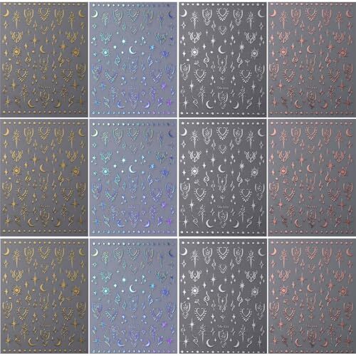 12 Sheets Metallic Nail Stickers Sun Star Nail Art Stickers 3D Self-Adhesive
