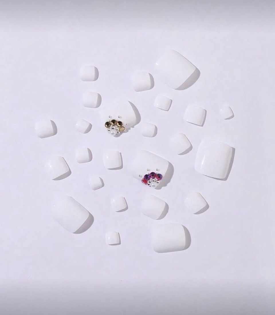 Pink, White & Silver Rhinestone Short Square Toe Nail Kit | 24-Piece Press-On