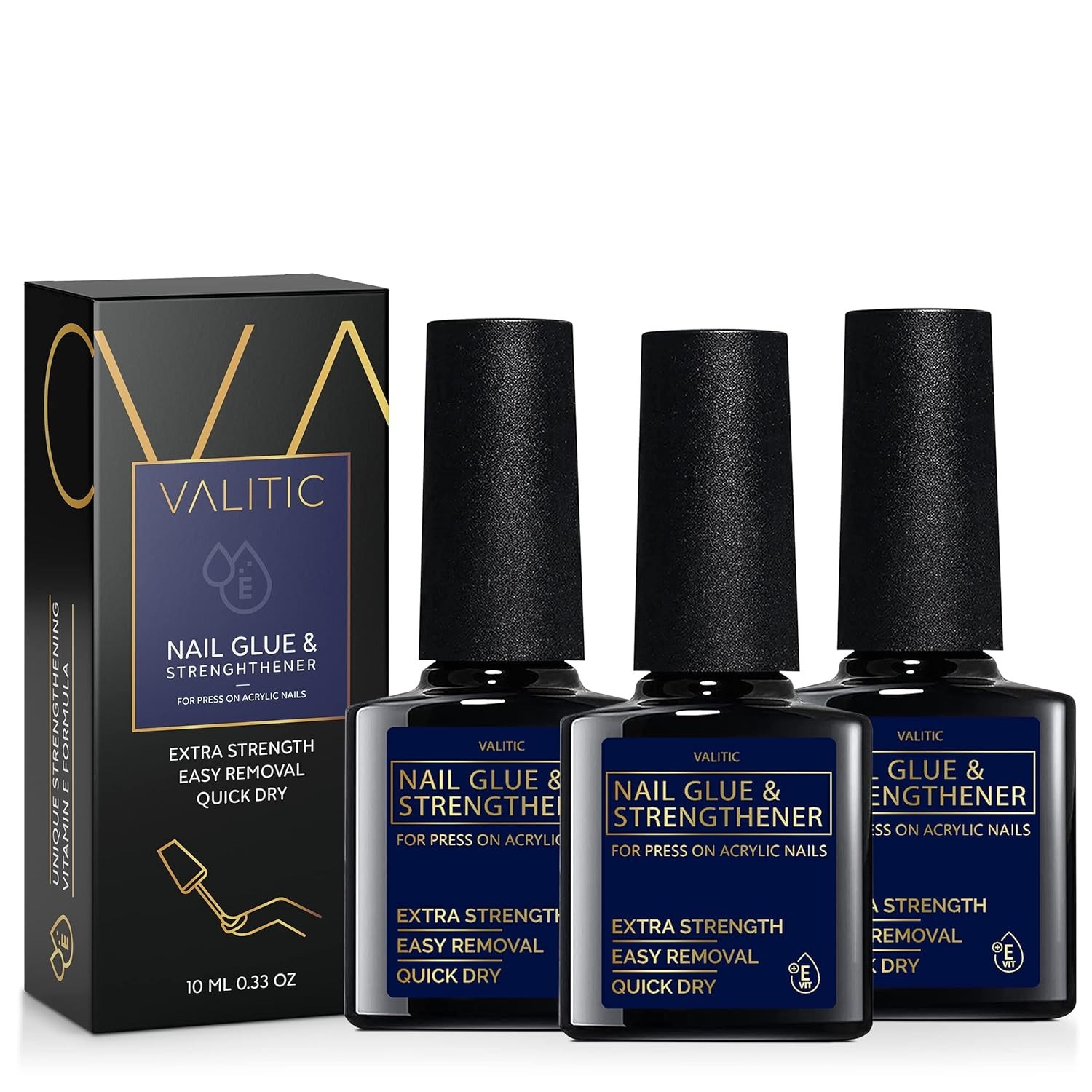 Extra Strong Brush On Nail Adhesive with Vitamin E for Instant Manicure – 3 Pack