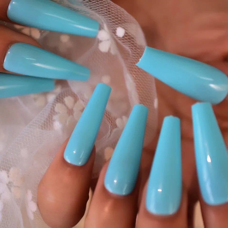 24 Blue glossy press on nails kit glue teal aqua light raver bright