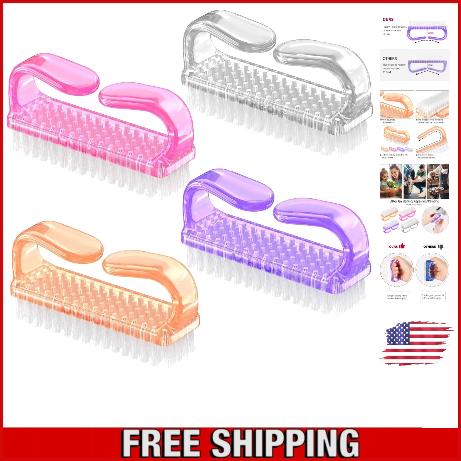 Stylish Orange Nail Brush Set – 4 Pack with Ergonomic Grips for Easy Cleaning