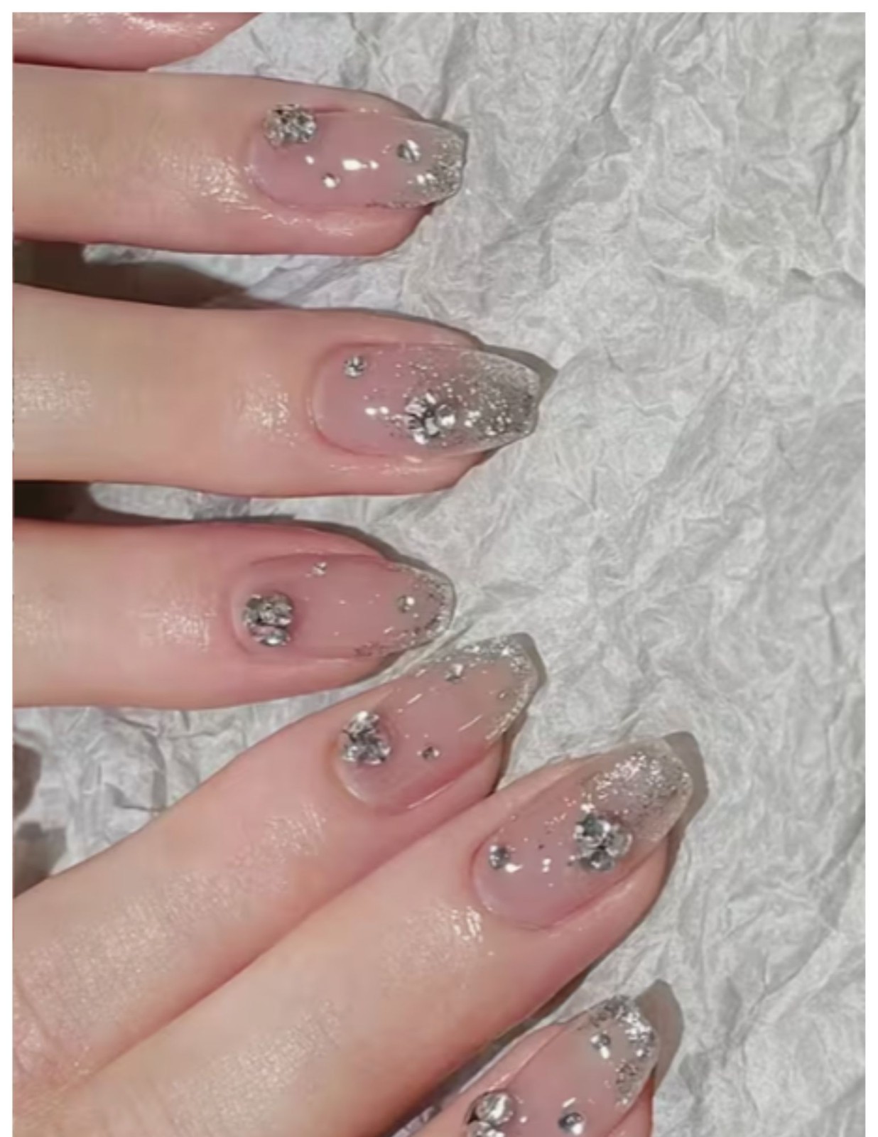 24pcs Glossy Short Coffin Press-On Nails – Pink French Style with Rhinestones