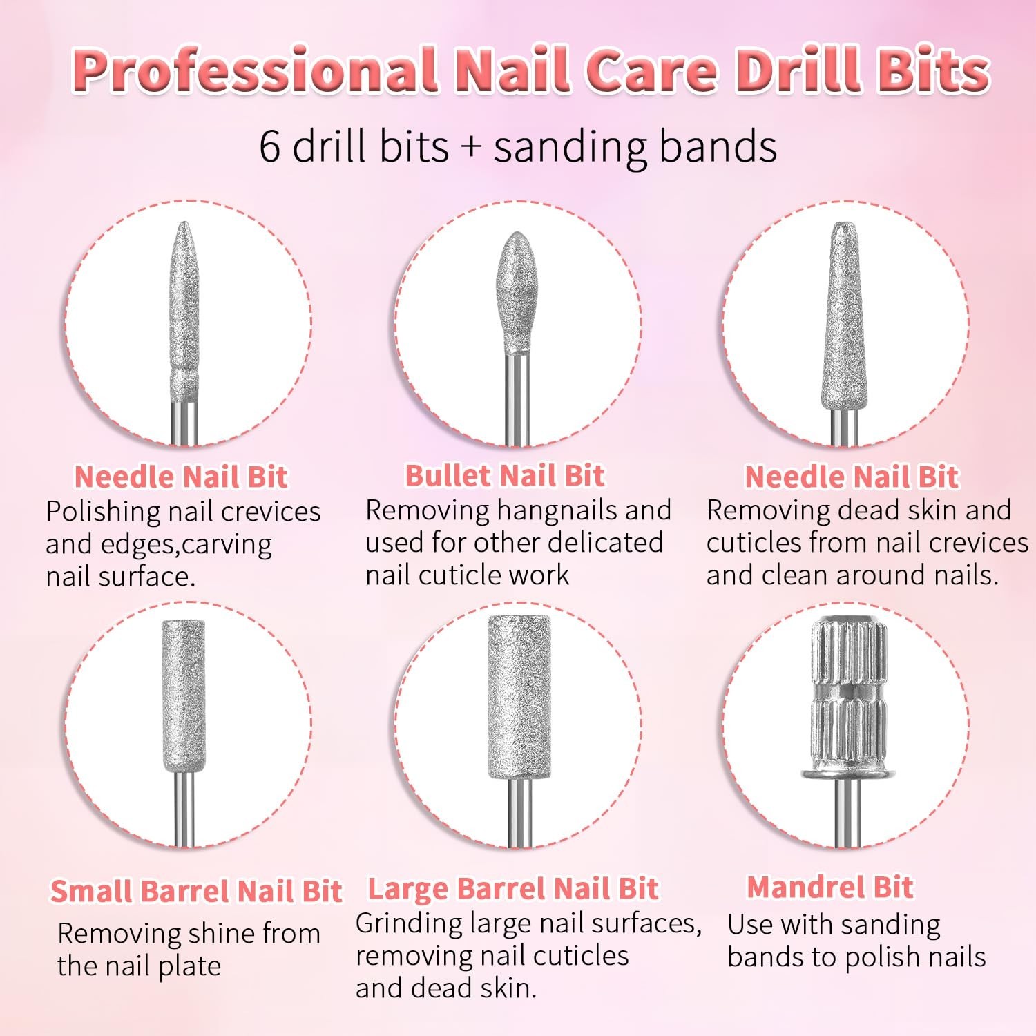6 Pcs Nail Drill Bits Set,3/32” Professional Nail Bits for Manicure Pedicure