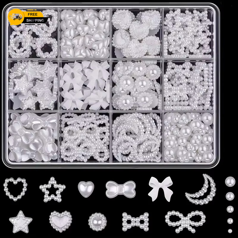500PCS 3D Nail Art Decoration Kit with Resin Bows, Flat Back Pearls, and Assorte