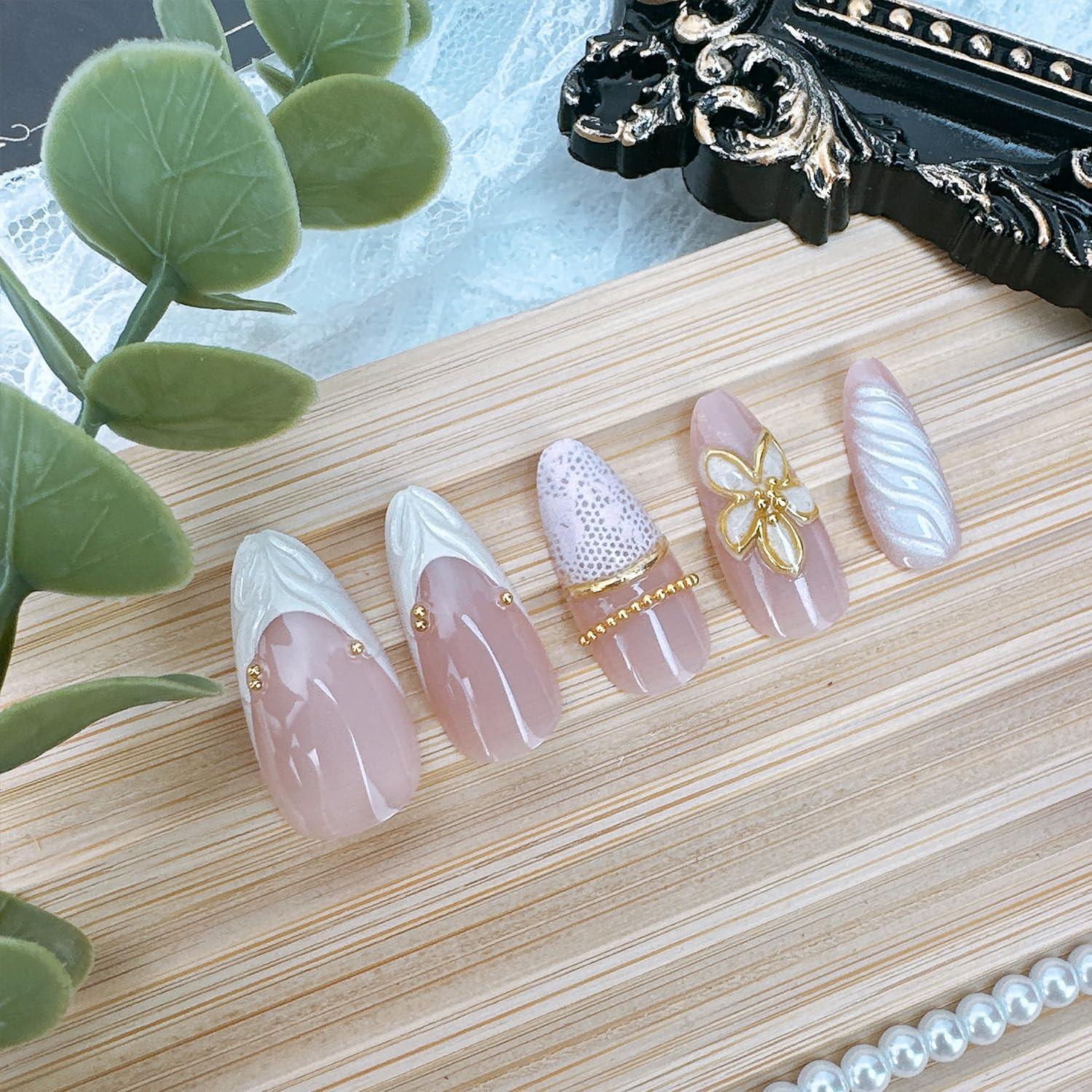 24Pcs White French Tip Press on Nails Medium Almond Fake Nails with 3D Gold Flor