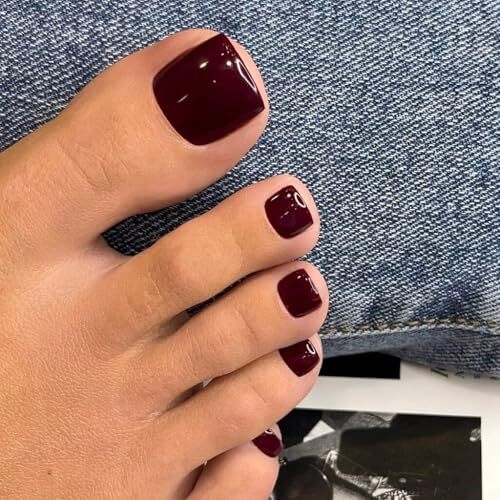 Glossy Burgundy Red Press on Toes Nails Short Square, Solid glossy burgundy