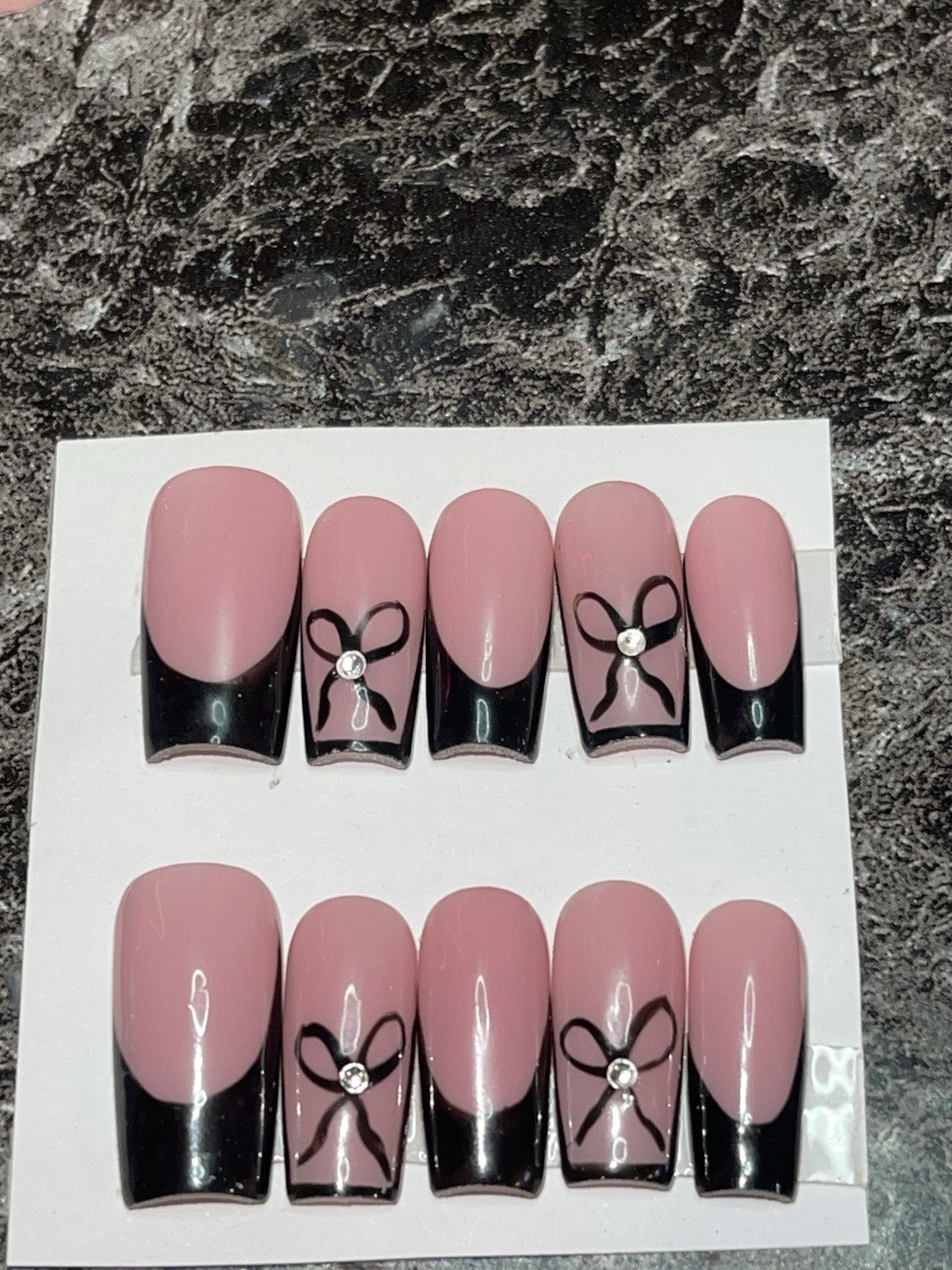 Black French Tip W/ Bow Presson Nails. Prep Kit Included-Size medium Handmade