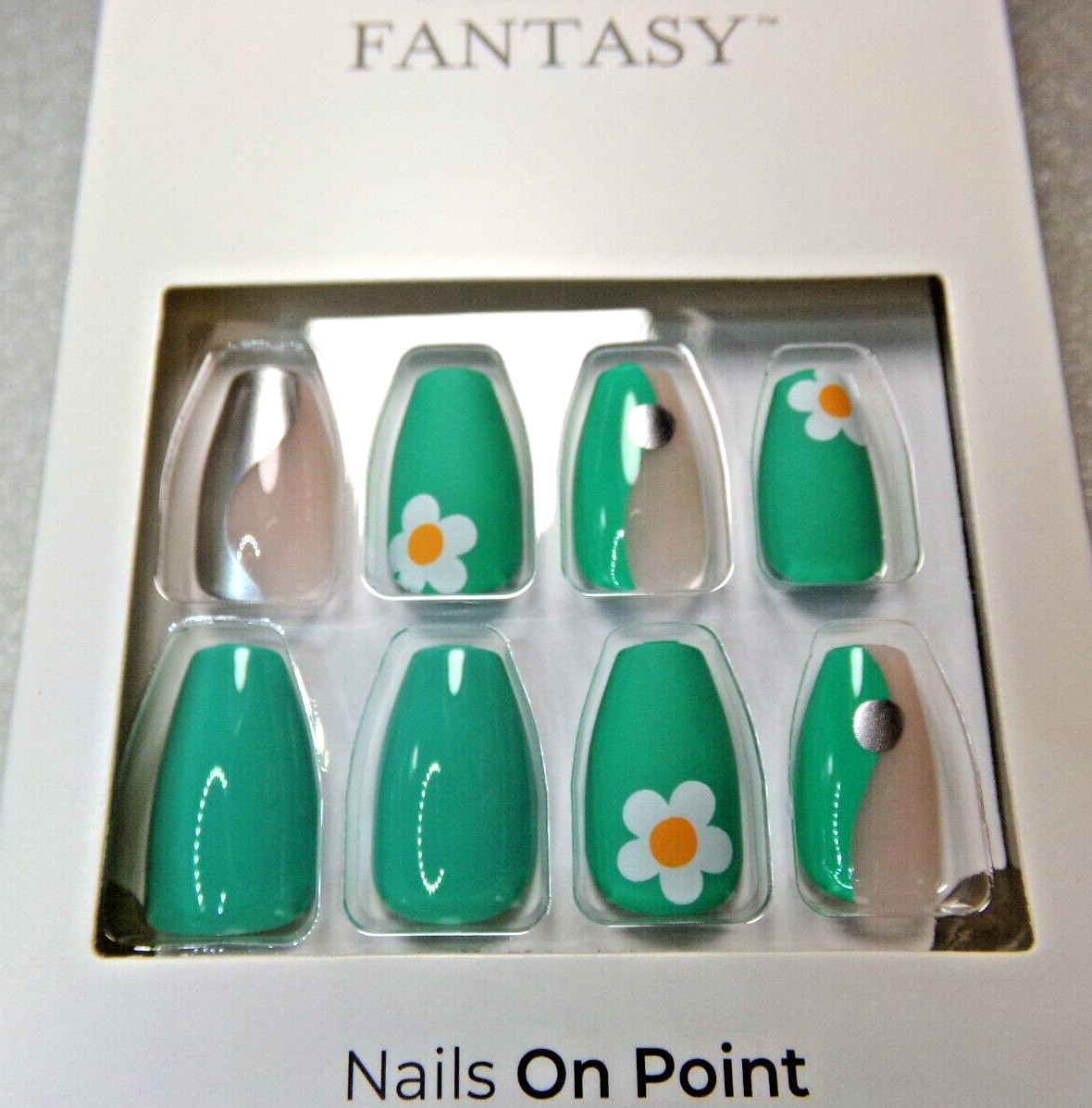Kiss Voguish Fantasy, Glue On Nail Short Green with Flowers Coffin