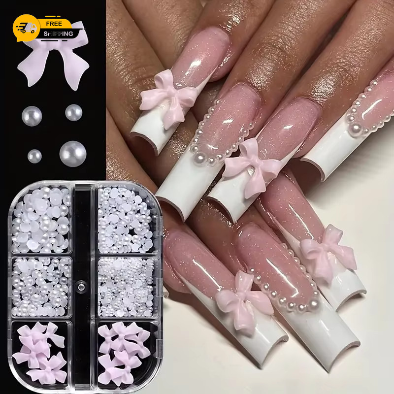 500PCS 3D Nail Art Decoration Kit with Resin Bows, Flat Back Pearls, and Assorte