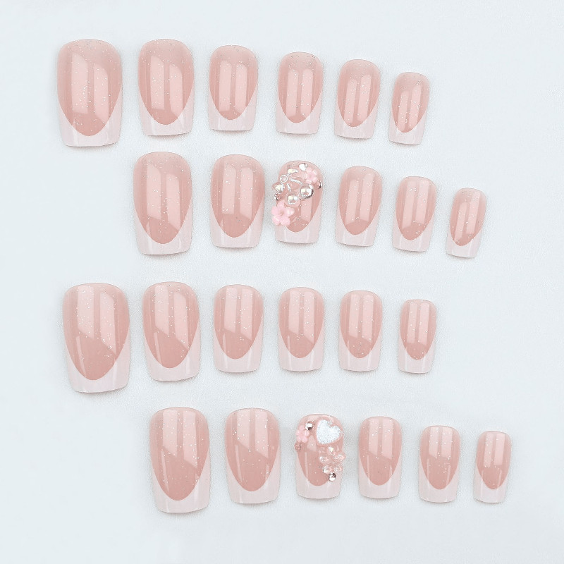 48pcs Short Square Press on Nails, Pink Glitter French 3D Flower Pearl Nails