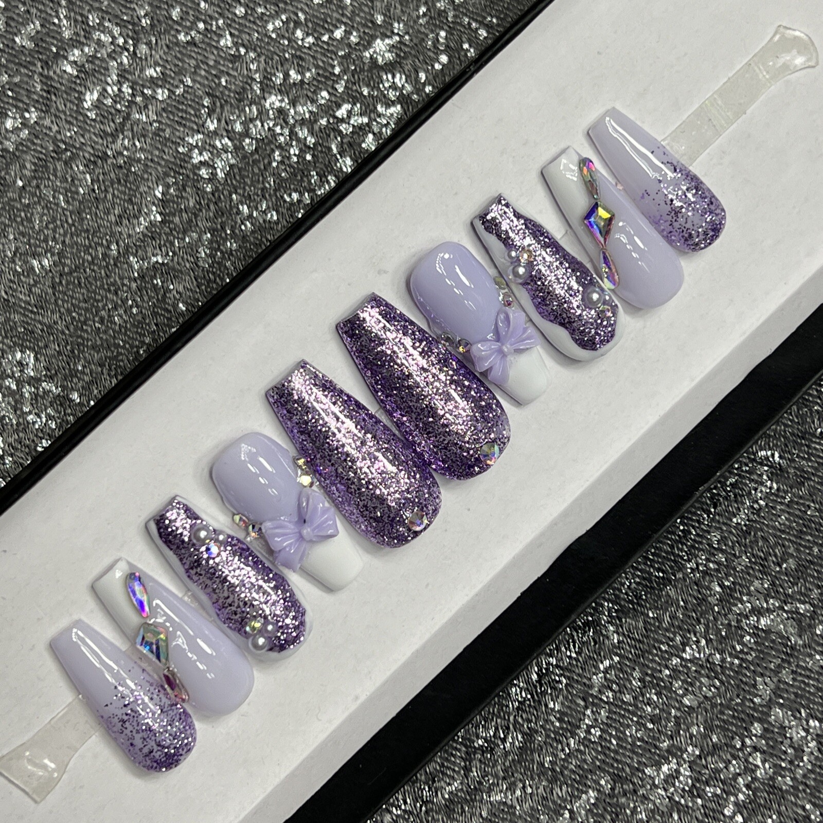 🤍 CUSTOM Hard Gel Press On Nails, Purple BLING 10p Set MED COFFIN NEW Kit