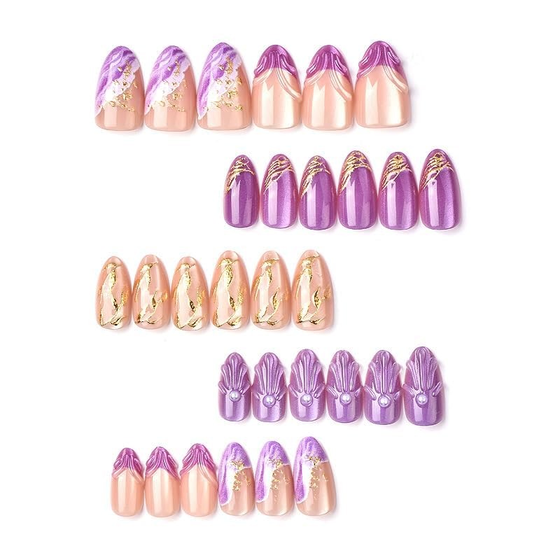 Almond Press on Nails Short Purple Fake Nail3D Charm Acrylic Nail Press Color11