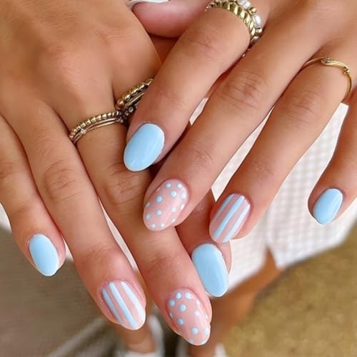 Pastel Blue Polka Dot Press on Nails Oval – Light Blue Short Fake Nails Style-1