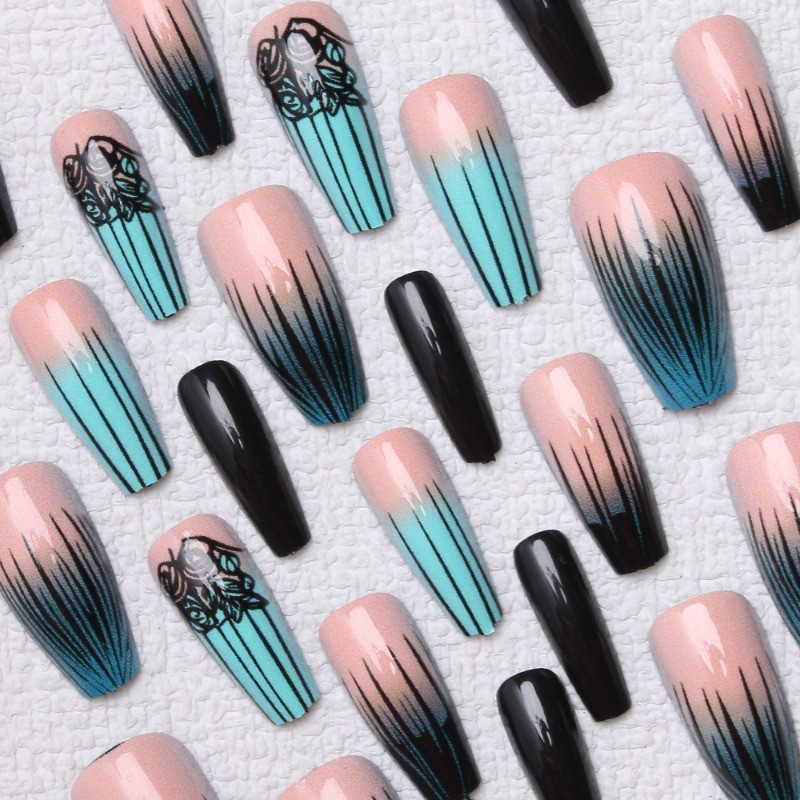 48pcs-Black & Teal Ombre Press on Nails, Coffin Nude with Hand-Painted Roses
