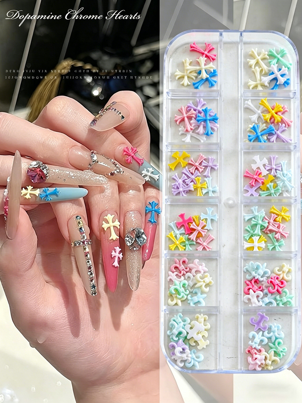 12-Grid Mixed Color Resin Cross Nail Art Sweet Dopamine Style for Press On Nails