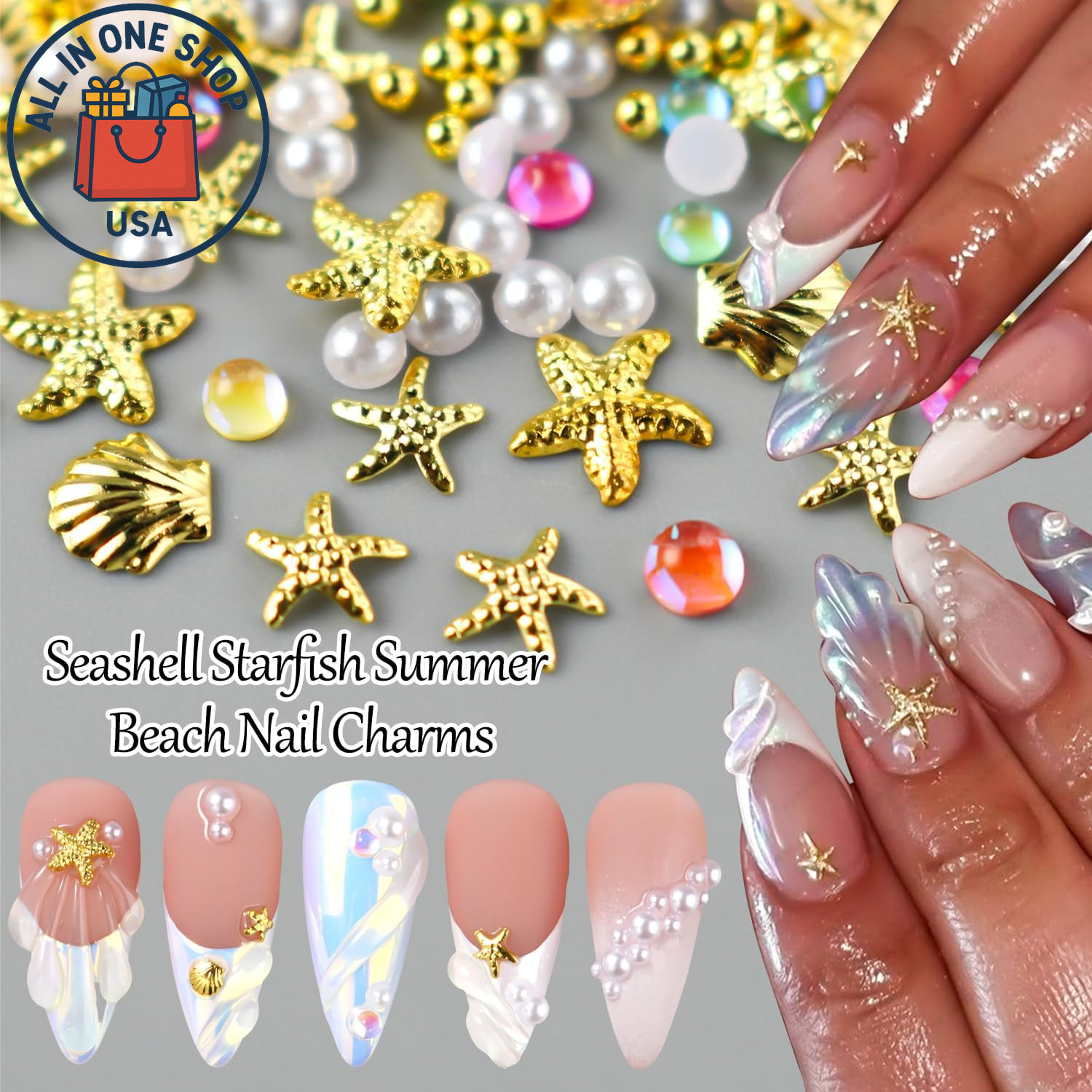 3D Summer Beach Nail Charms Set – Seashell Starfish Gems for DIY Manicure