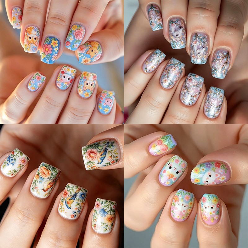 96Pcs Short Square Nails, Cute Cat Unicorn, Flower & Bird Hand Painting
