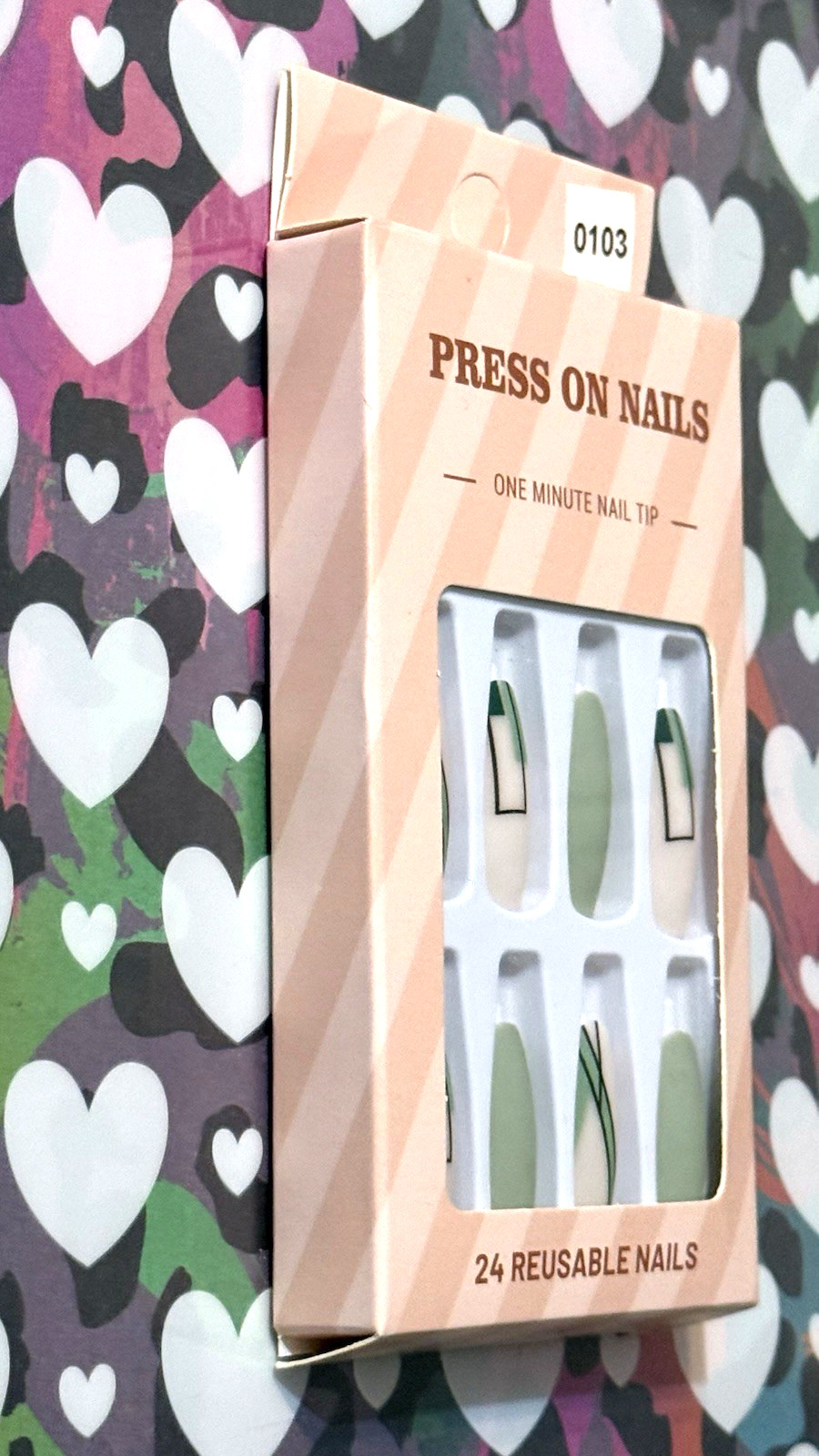 Press On Nails One Minute Nail Tip NUDE & SAGE GREEN with ABSTRACT 24 Long Oval