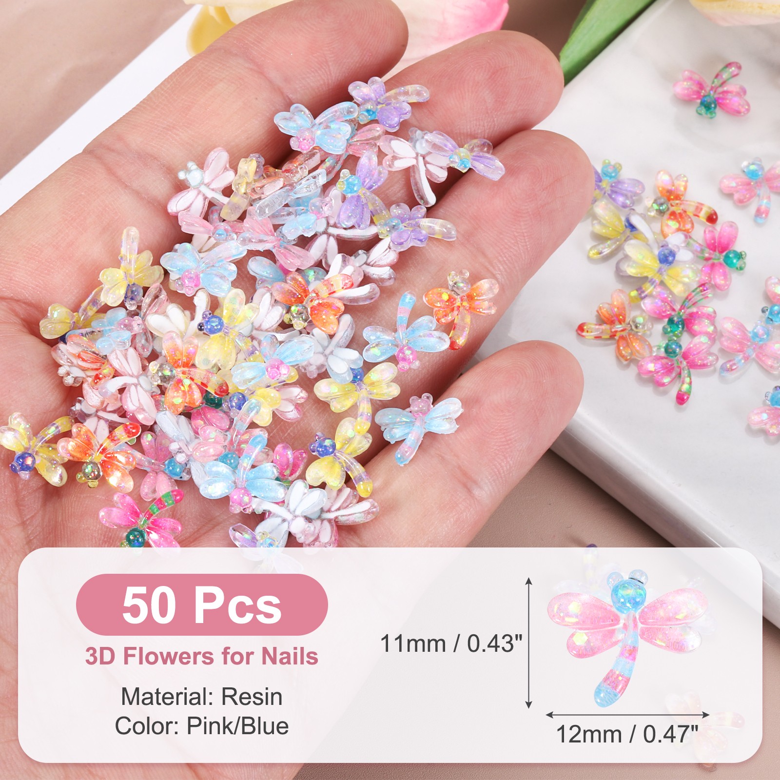 Resin Dragonfly, Mini Dragonfly 3D Flowers for Nails 50 Pcs & Pink/Blue