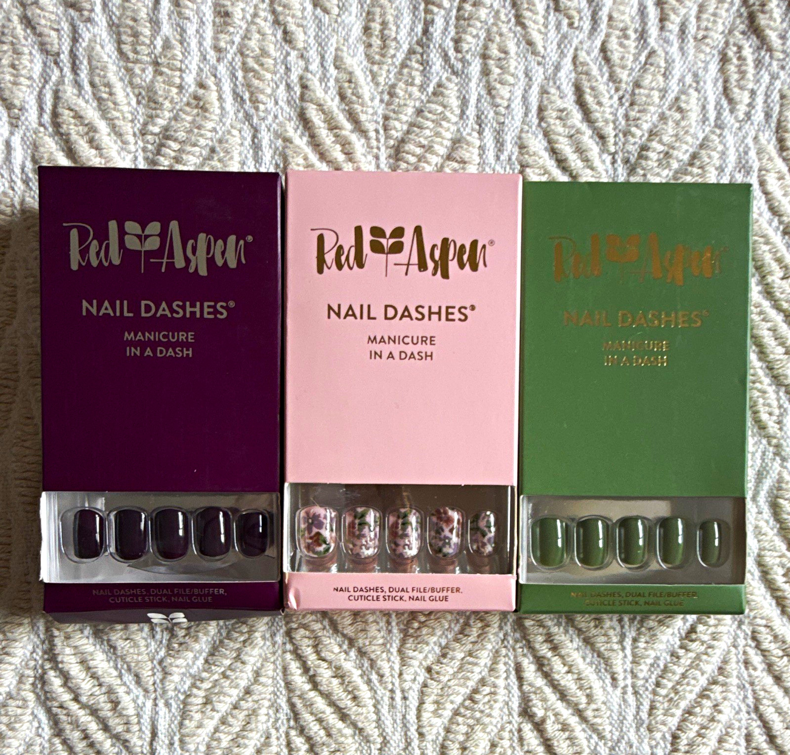 3 Red Aspen Press-On Nails Purple, Floral, Olive Pre-Designed, Glue Included