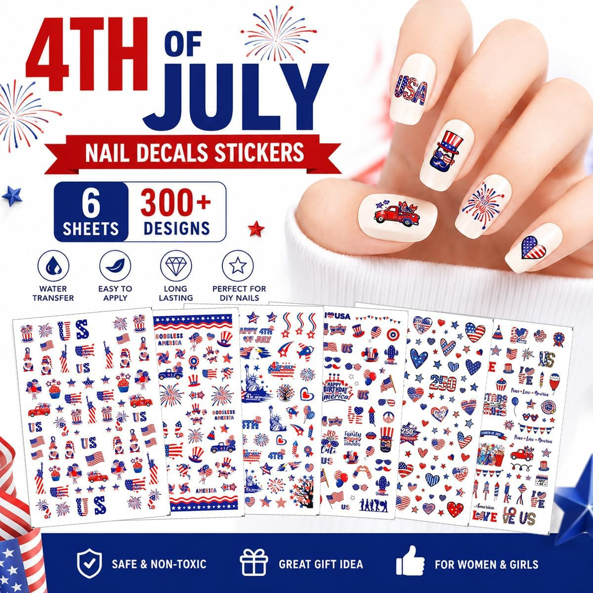 4Th of July Nail Stickers Decals Red White Blue Independence Day Map Fireworks 3