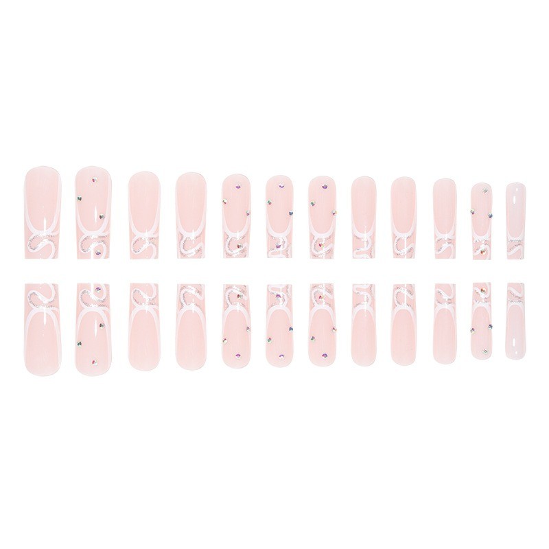 48pcs-Glossy Nude Press on Nails, Coffin with White Swirl and Rhinestone Details
