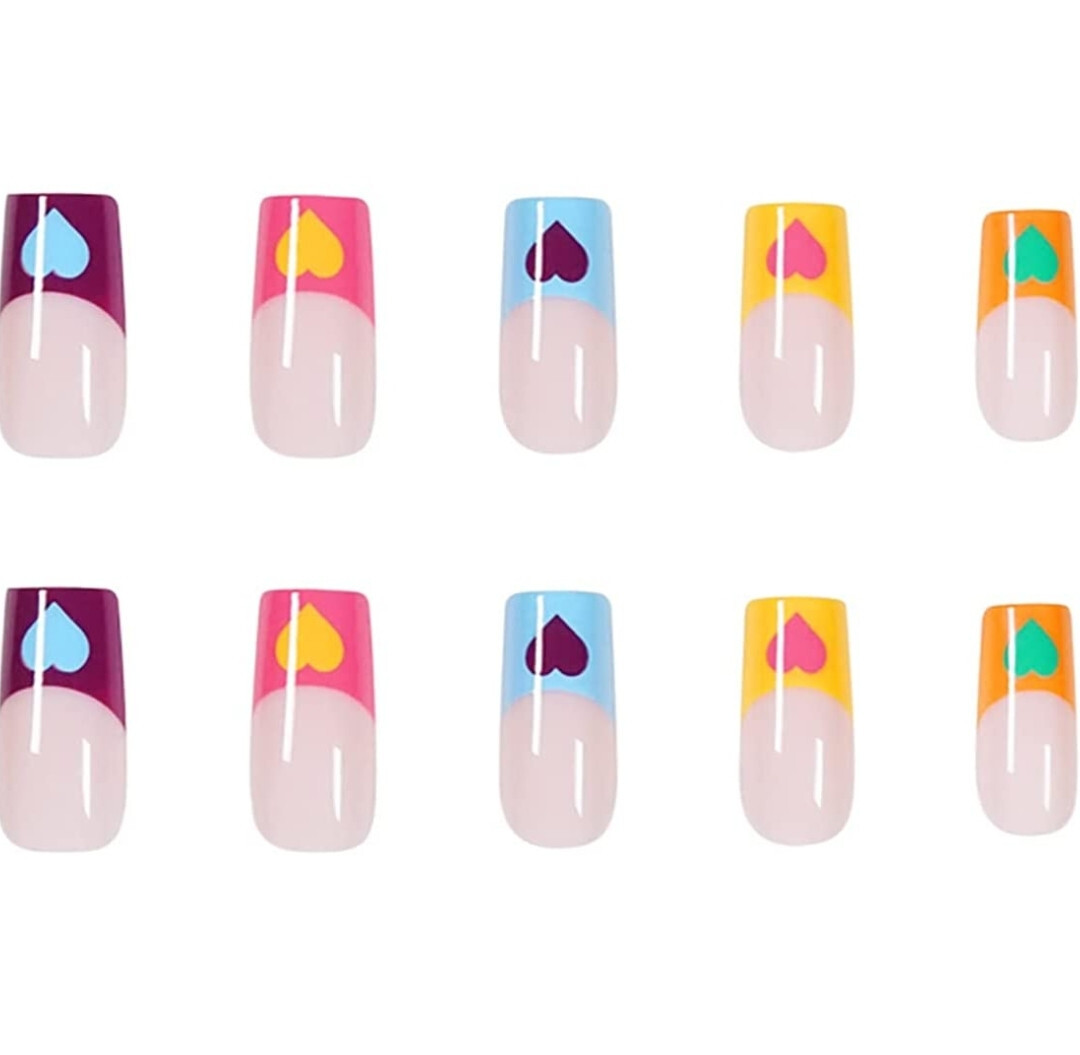 24 Press on nails w/ glue Square french hearts multi color tip nude pink blue