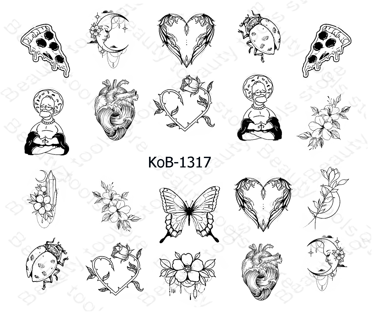 Nail Art Water Transfer Stickers beautiful heart Gomer pizza ladybug KoB-1317