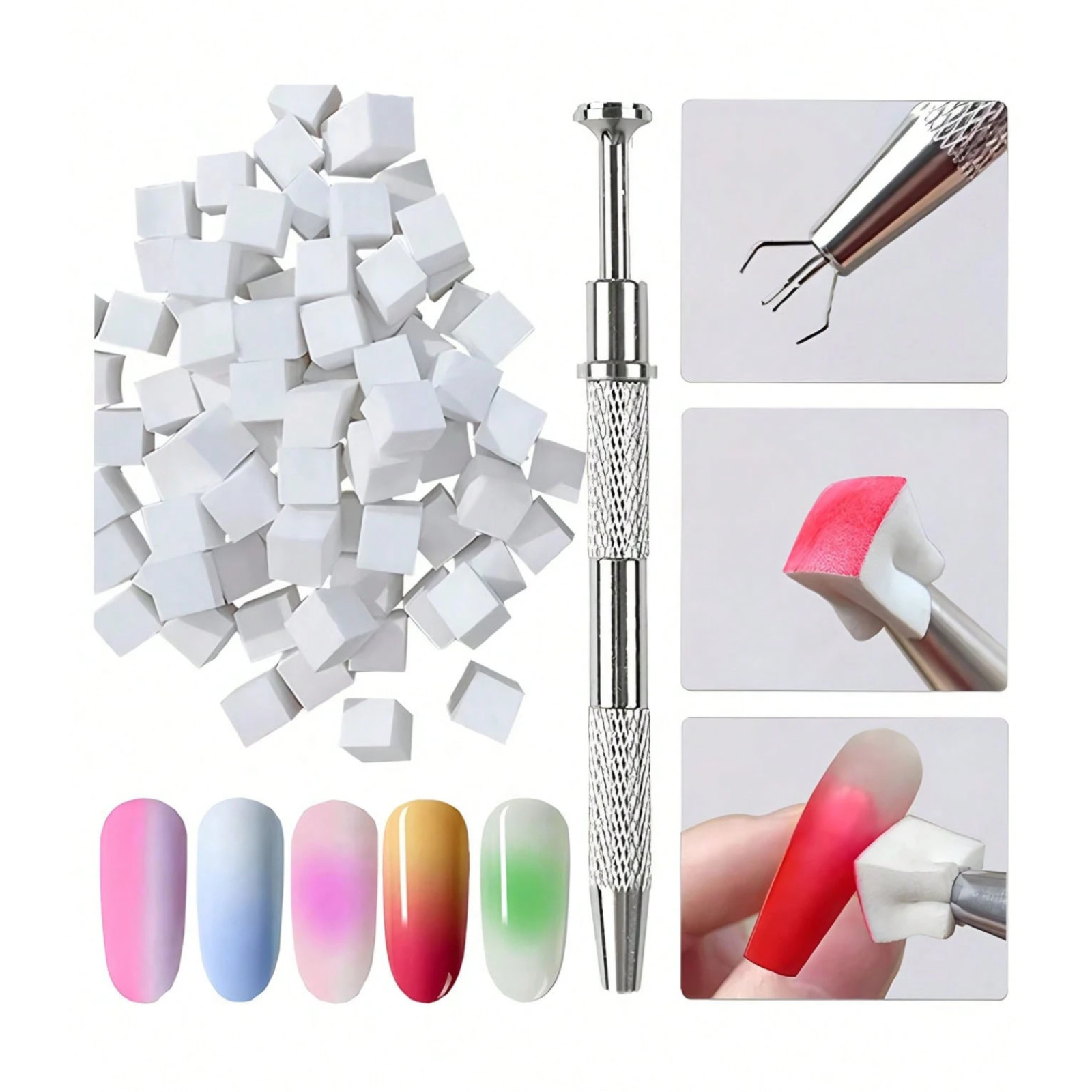Nail Art Soft Sponges With Metal Grabber Pen for Ombre and Aura Nail Art Tools