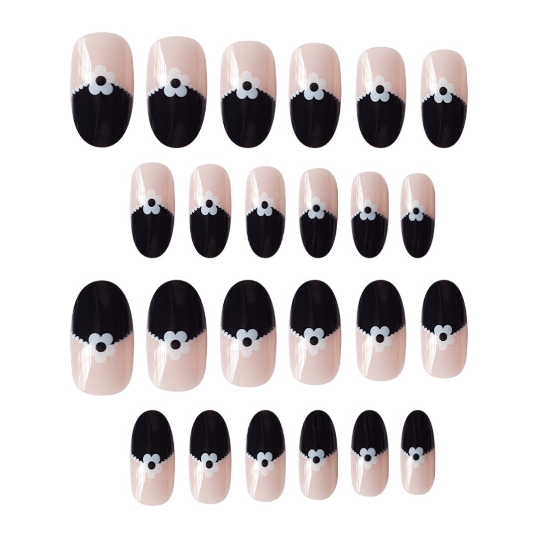 Black White Daisy Polka Dot French Retro INS Style Press On Nails Wholesale