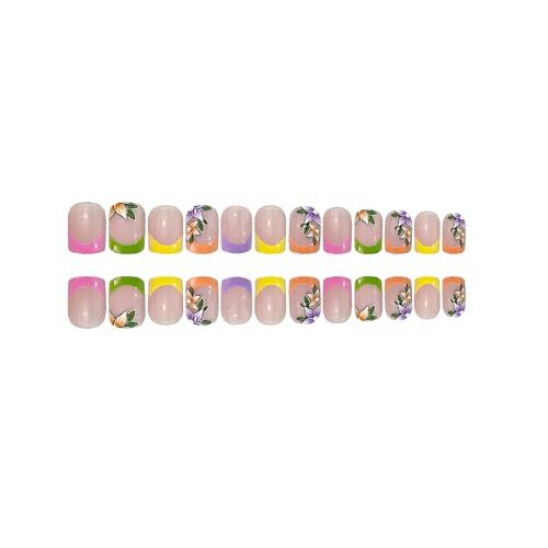 French Tip Press on Nails Short Square Fake Nails with Flower Designs s17