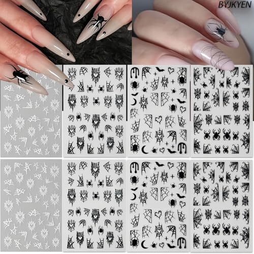 8 Sheets Spider Nail Art Stickers, Halloween Nail Decals 3D Halloween Style