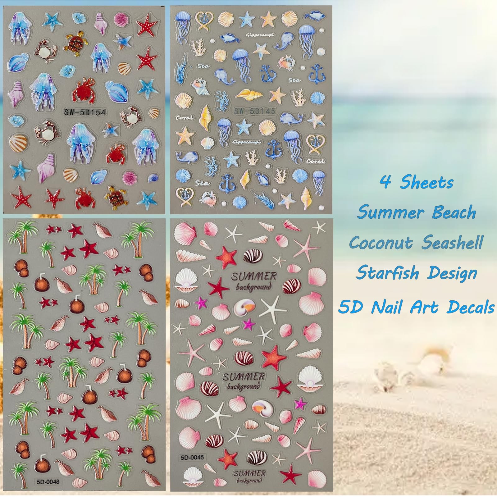 Beach Nail Stickers for Nail Art Shell Nail Decals for Women | 5D,Self Adhesive,