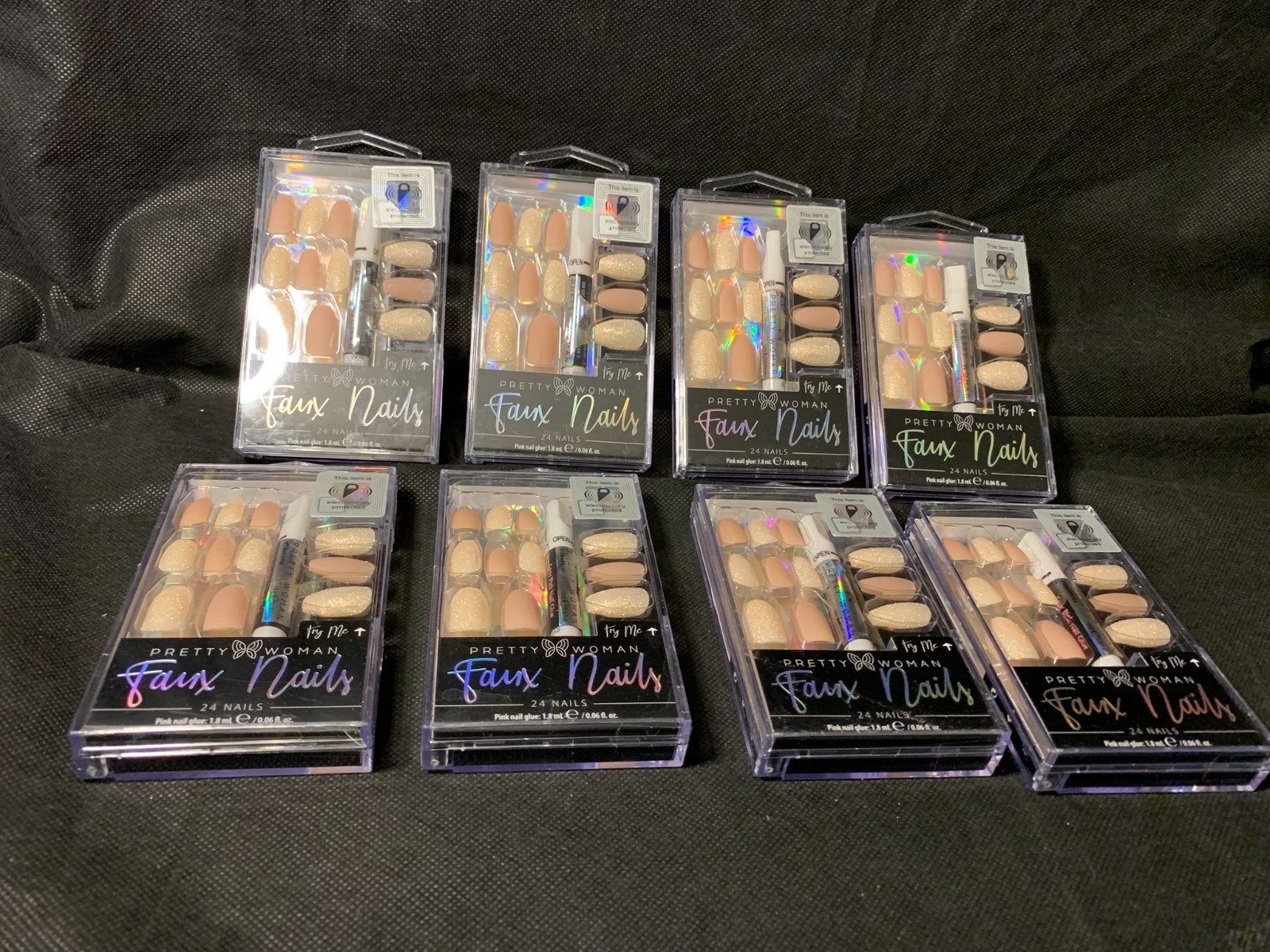 8 x PRETTY WOMAN FAUX NAILS WITH GLUE 24 NAILS MATTE NEUTRAL AND GLITTER