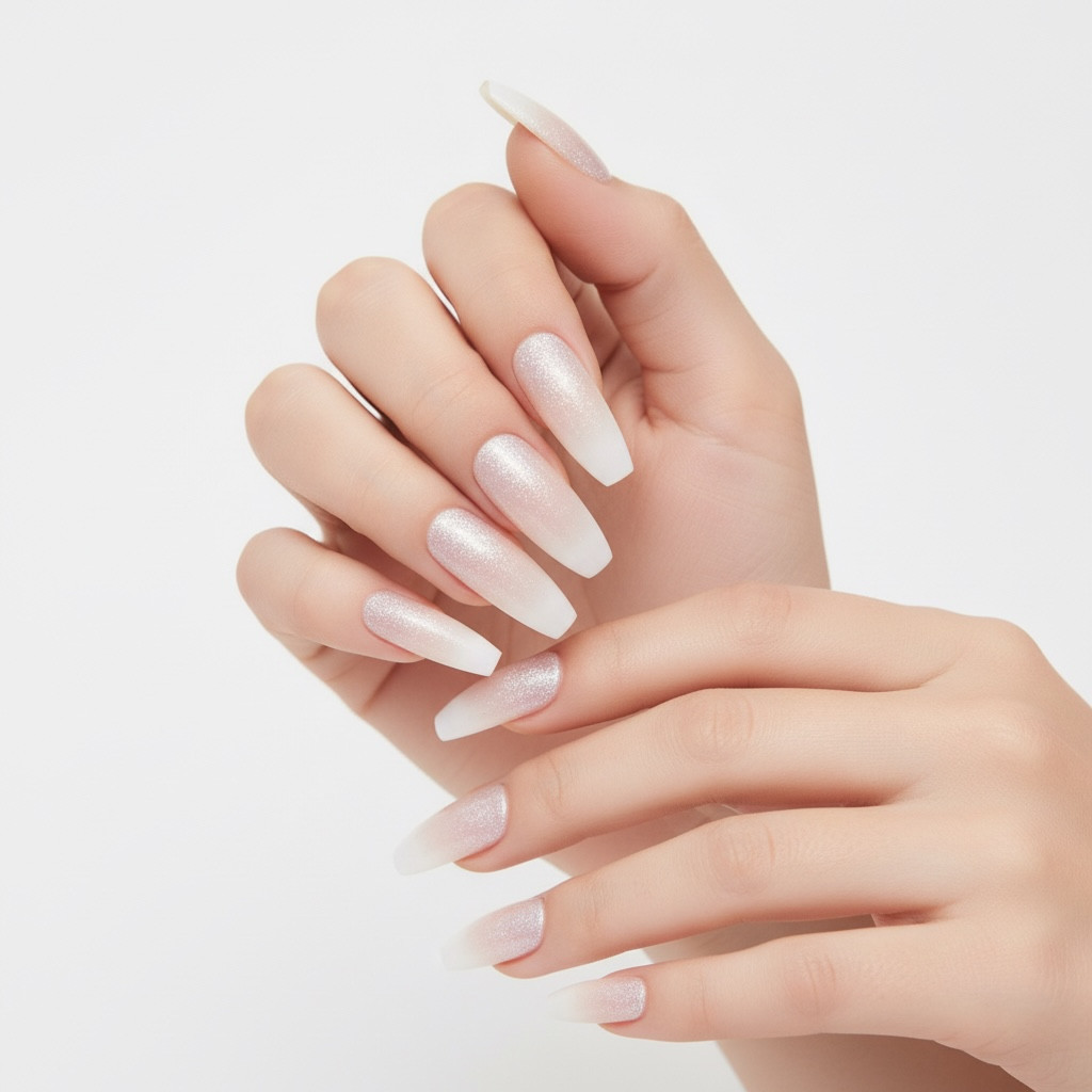 Nude Glitter Ombre French Press On Nails Extra Long Coffin Ballerina Fake Nails