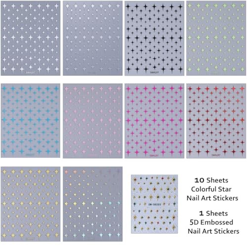11 Sheets Star Nail Stickers Set, Include 5D Embossed Gold Star Nails Style-4