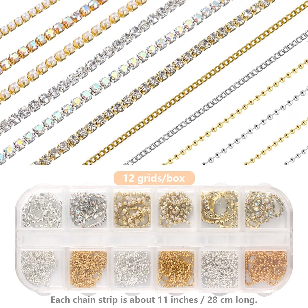 12 Strips Nail Chain Charms, Metal Bangle Nail Art Chains 3D Gold Silver Fren…