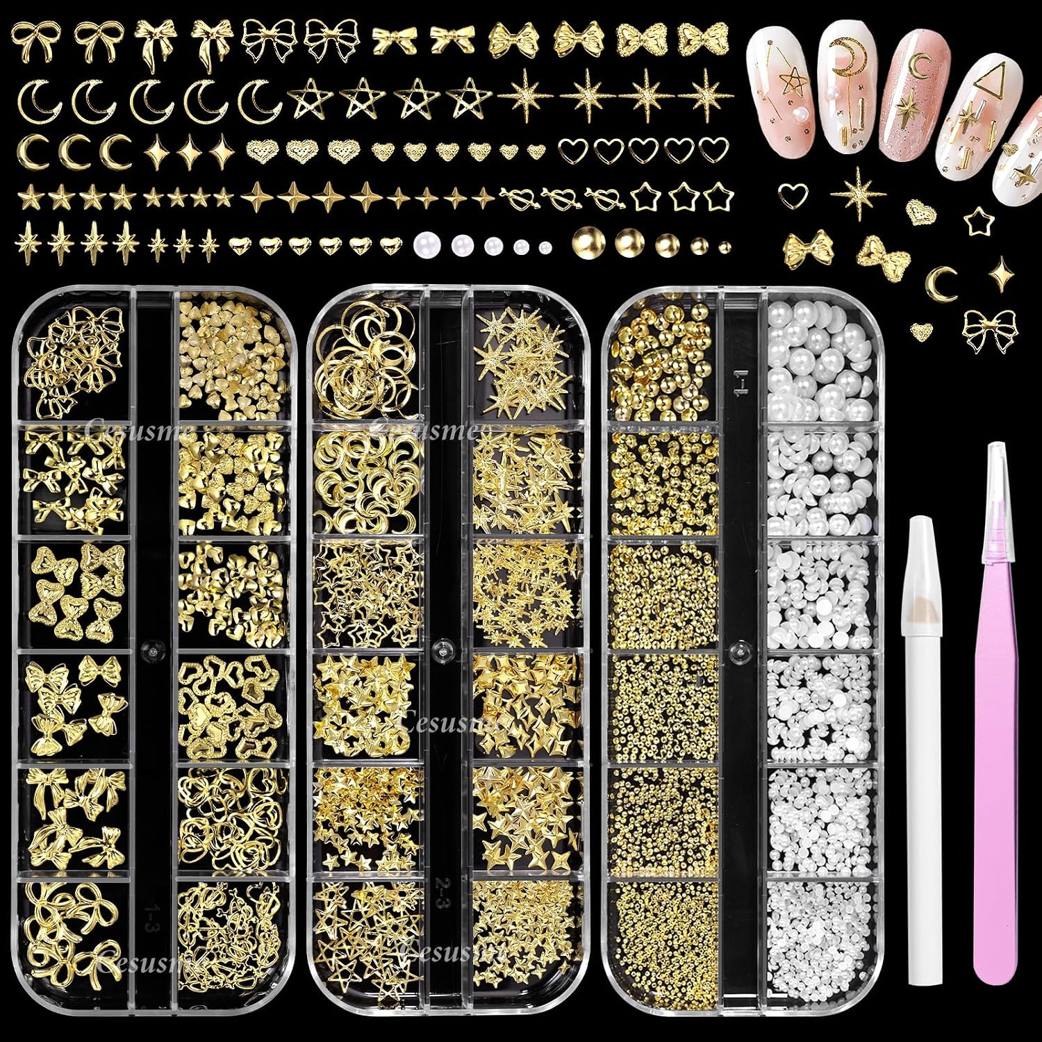 Gold Nail Charms Set: Pearls, Hearts, Bows, Stars, and Moon Designs