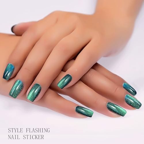 Gel Nail Stickers Semi Cured Gel Nail Strips Wraps UV/LED Nails Green Cat Eye